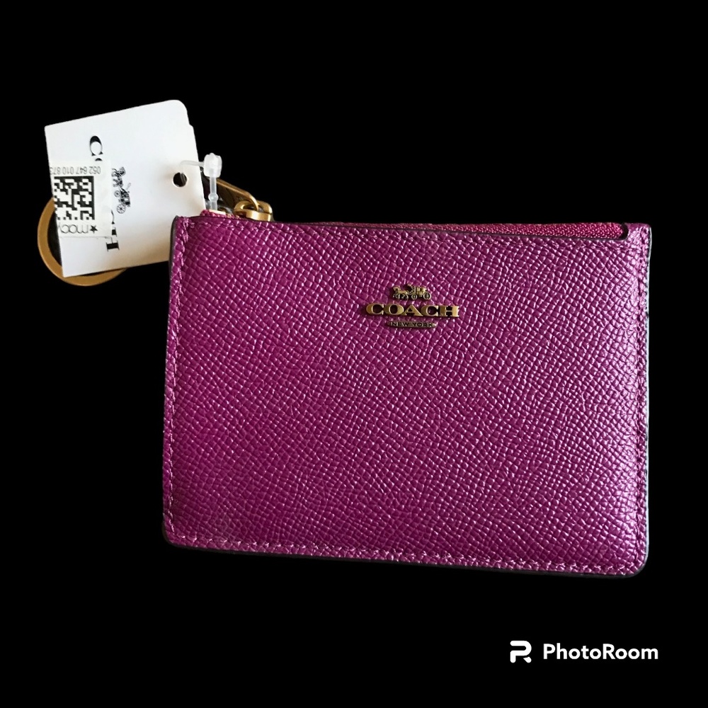 Coach Crossgrain Mini Skinny ID Key Ring Card Case Pink - NWT
